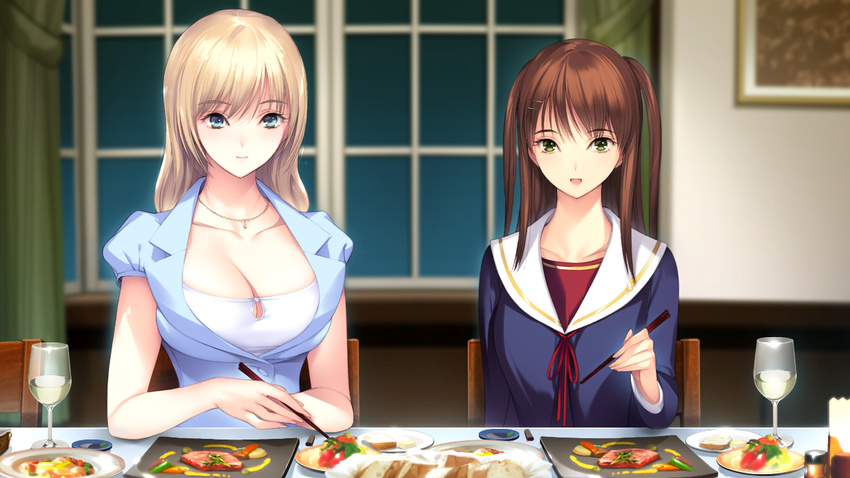 2girls blonde_hair blue_eyes breasts brown_hair chair chopsticks cup drink food game_cg green_eyes happy highres huge_breasts ichikawa_saasha jounoin_kaho large_breasts long_hair looking_at_viewer matsubara_kusuha multiple_girls neyuki_no_genei:_shirohanasou_no_hitobito school_uniform sitting smile table twintails window wine