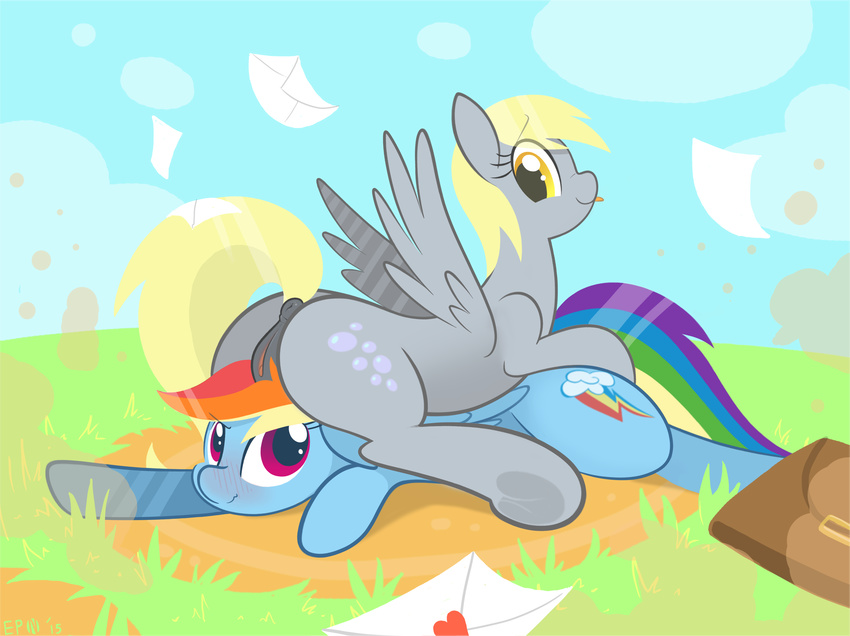 absurd_res animal_genitalia anus blonde_hair blush braddo butt cutie_mark derpy_hooves_(mlp) duo equine equine_pussy female female/female feral friendship_is_magic grass hair hi_res hooves letter lying mammal multicolored_hair my_little_pony on_front on_top outside pegasus pussy rainbow_dash_(mlp) rainbow_hair smile tongue tongue_out wings