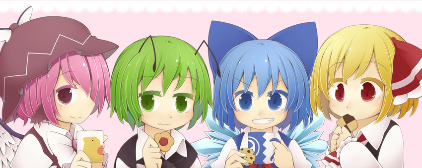 4girls antennae bird_wings blonde_hair blue_eyes blue_hair bow cirno colored_eyelashes cookie cup eating food green_eyes green_hair grin hair_bow hair_ribbon jagabutter multiple_girls mystia_lorelei pink_eyes pink_hair red_eyes ribbon rumia shirt short_hair smile team_9 touhou vest wavy_mouth wings wriggle_nightbug