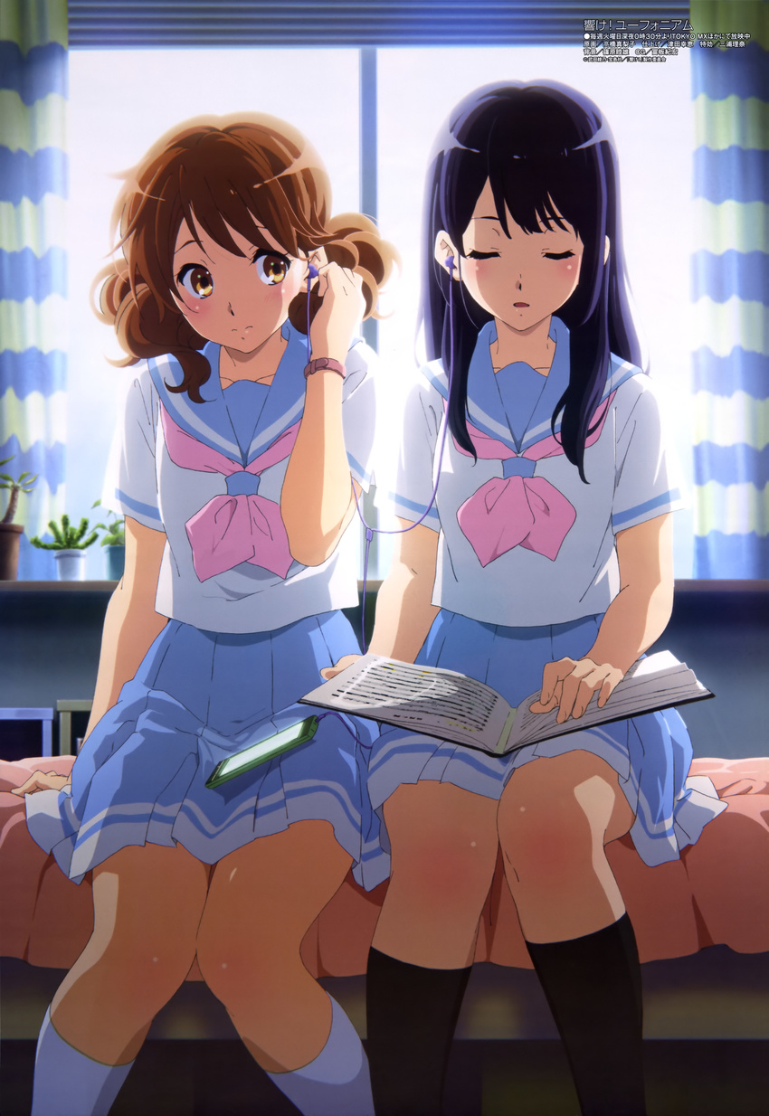 3: absurdres bedroom black_hair black_legwear book brown_hair closed_eyes earphones hibike!_euphonium highres indoors kneehighs kousaka_reina legs megami multiple_girls neckerchief non-web_source official_art on_bed oumae_kumiko pink_neckwear school_uniform serafuku shared_earphones sitting socks takahashi_mariko white_legwear window