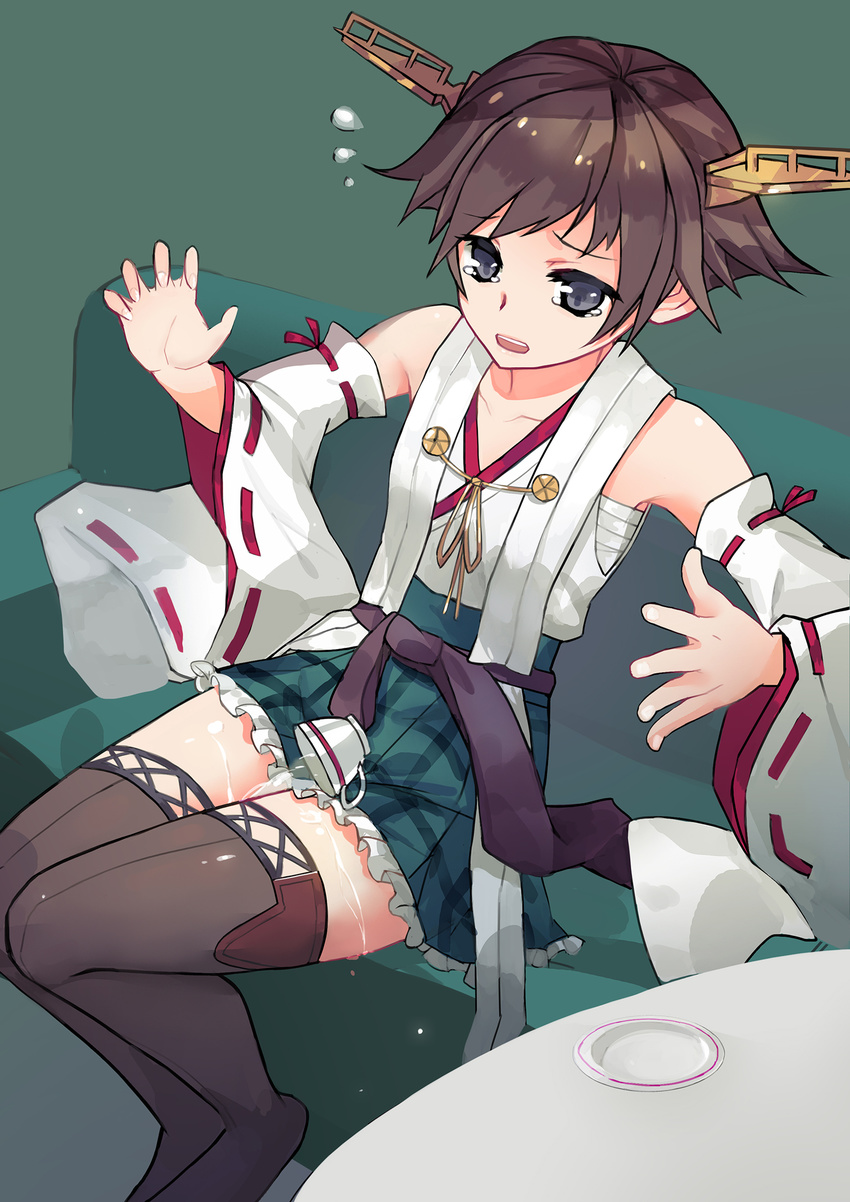 :o bangs bare_shoulders blue_eyes couch cross-laced_clothes cross-laced_legwear cup flat_chest flying_sweatdrops frills from_side full_body grey_hair grey_legwear headgear hiei_(kantai_collection) highres japanese_clothes kantai_collection looking_down nontraditional_miko open_mouth plaid plaid_skirt pleated_skirt raised_eyebrows ribbon-trimmed_sleeves ribbon_trim sarashi saucer short_hair sitting skirt solo spill surprised surprised_arms table tassel teacup tears thighhighs tsubasa19900920 wakamezake wet wide_sleeves zettai_ryouiki
