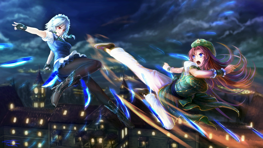 apron battle beret blue_eyes boots braid breasts brown_legwear chinese_clothes colorized dodging duel fingerless_gloves flats flying flying_kick freeze-ex gloves glowing glowing_weapon grin hat hong_meiling izayoi_sakuya kicking knife large_breasts long_hair maid_headdress motion_blur multiple_girls night night_sky outdoors pants pantyhose pelvic_curtain puffy_short_sleeves puffy_sleeves red_hair scarlet_devil_mansion shoes short_hair short_sleeves silver_hair skirt sky smile star too_many too_many_knives touhou twin_braids waist_apron weapon wrist_cuffs