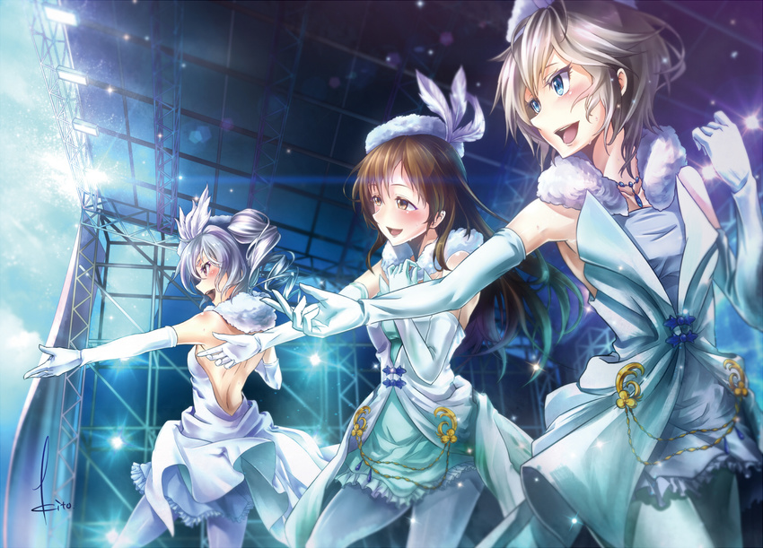 anastasia_(idolmaster) bare_shoulders blue_eyes breasts brown_hair concert dress drill_hair elbow_gloves gloves hat idolmaster idolmaster_cinderella_girls jewelry kanzaki_ranko kito_(kito2) long_hair love_laika medium_breasts multiple_girls necklace nitta_minami open_mouth outstretched_arms pantyhose pure_white_memories red_eyes short_hair silver_hair smile twin_drills twintails