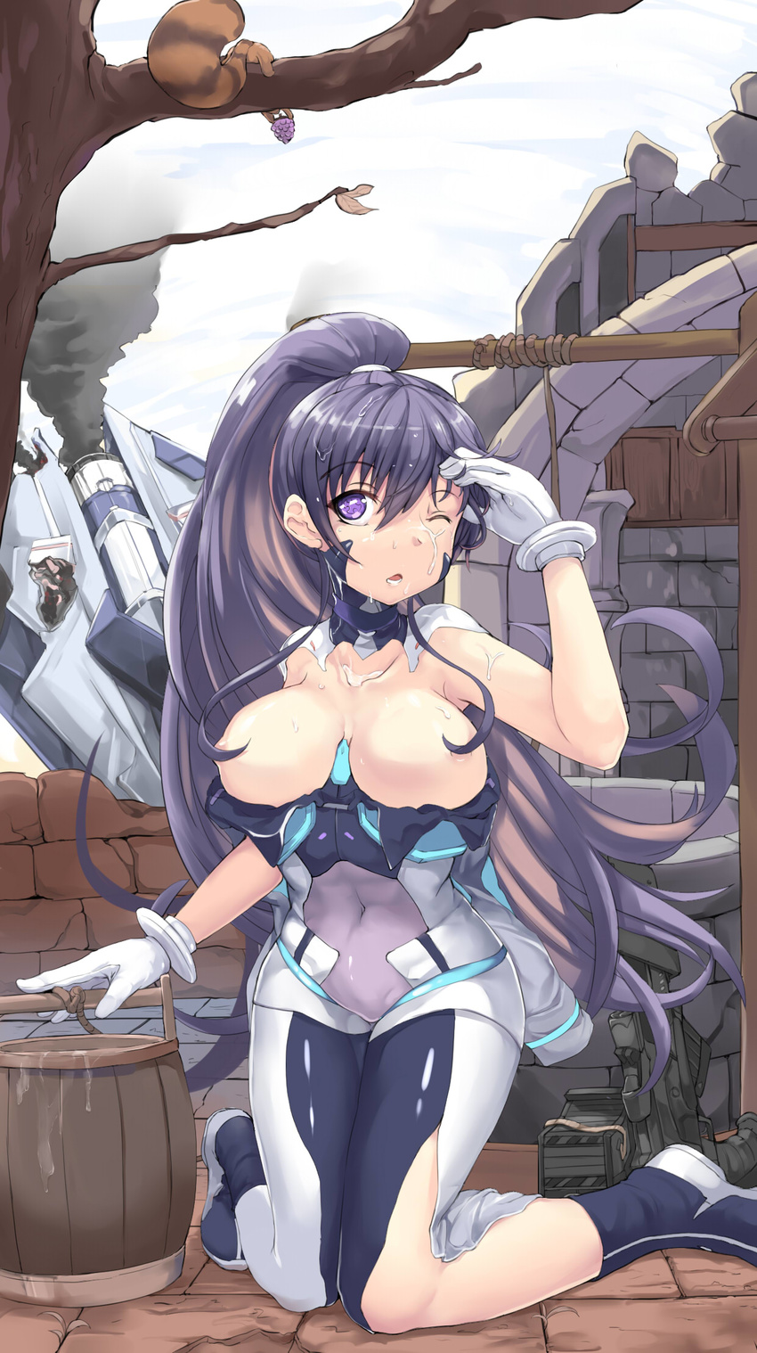 463_jun bodysuit breasts breasts_outside bucket gloves hair_censor highres kneeling large_breasts long_hair one_eye_closed open_mouth original ponytail purple_eyes purple_hair ruins solo squirrel topless torn_bodysuit torn_clothes tree very_long_hair weapon well wet white_gloves wooden_bucket wreckage