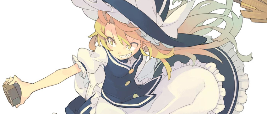 :d blonde_hair bow broom grin hat kirisame_marisa long_hair mini-hakkero morino_hon open_mouth smile smirk solo touhou v-shaped_eyebrows witch_hat yellow_eyes