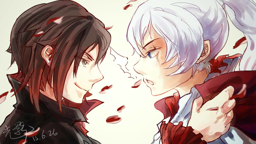 black_hair blue_eyes cape dated face-to-face giving gradient_hair hand_on_another's_shoulder heroerokero high_collar long_hair multicolored_hair multiple_girls petals ponytail red_cape red_hair rose_petals ruby_rose rwby scar scar_across_eye short_hair signature silver_eyes smile two-tone_hair warming weiss_schnee white_hair