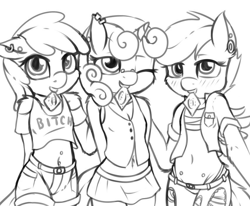 2015 anthro apple_bloom_(mlp) black_and_white blush clothed clothing condom cutie_mark_crusaders_(mlp) ear_piercing earth_pony equine fearingfun female friendship_is_magic fur hair hand_behind_back hi_res horn horse mammal monochrome my_little_pony navel one_eye_closed pegasus piercing pony scootaloo_(mlp) shorts skirt smile sweetie_belle_(mlp) unicorn wings young