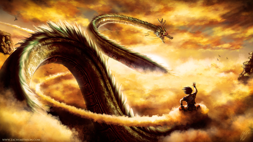 bird cloud condensation_trail dougi dragon dragon_ball dragon_ball_z eastern_dragon fangs flying flying_nimbus glowing glowing_eyes highres mountain scenery shenlong_(dragon_ball) son_gokuu sun sunrise wallpaper watermark waving web_address wristband zach_smithson