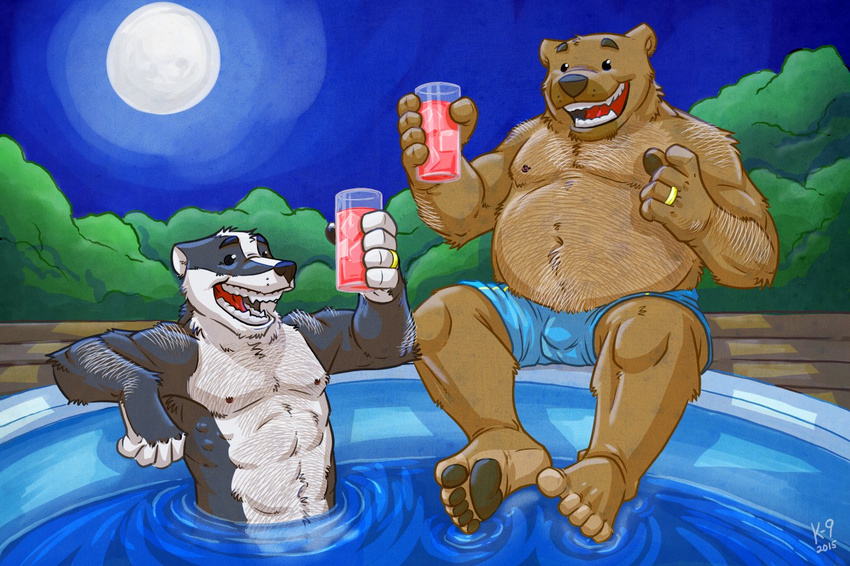 2015 5_fingers 5_toes abs anthro badger bear beverage black_fur black_nose body_hair bulge chest_hair chubby clothed clothing duo fur hairy half-dressed humanoid_feet k-9 male mammal moon multicolored_fur mustelid navel night nipples open_mouth outside partially_submerged paws raised_arm ring signature sky smile swimming_pool swimming_trunks swimsuit teeth toes tongue topless two_tone_fur water wedding_ring white_fur