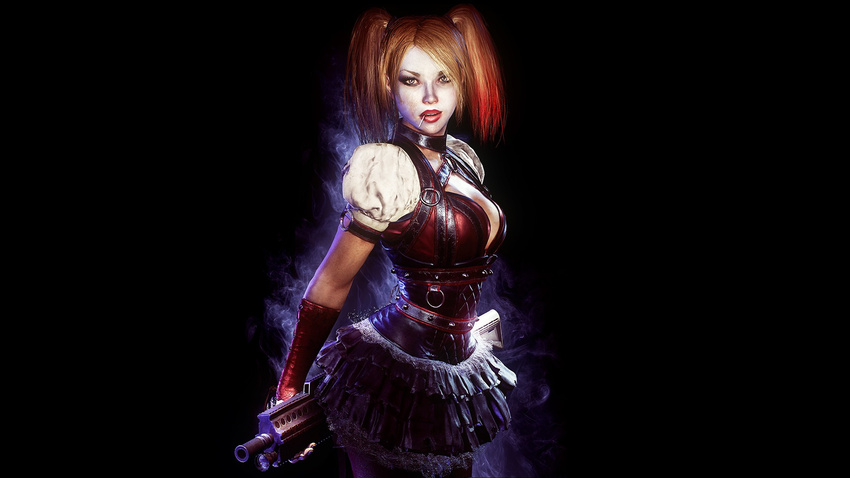 artist_request batman:_arkham_knight batman_(series) belt black_background breasts brown_hair candy cleavage cleavage_cutout collar corset cowboy_shot dc_comics eyeliner facepaint food gun harley_quinn highres holding holding_weapon lace lace-trimmed_skirt layered_skirt lips lipstick lollipop looking_at_viewer makeup medium_breasts mouth_hold multicolored_hair o-ring o-ring_top official_art open_mouth pantyhose parted_lips puffy_short_sleeves puffy_sleeves realistic red_hair red_lipstick rifle short_hair short_sleeves short_twintails silver_eyes simple_background skirt solo studded_belt twintails two-tone_hair wallpaper weapon weapon_request widescreen wristband