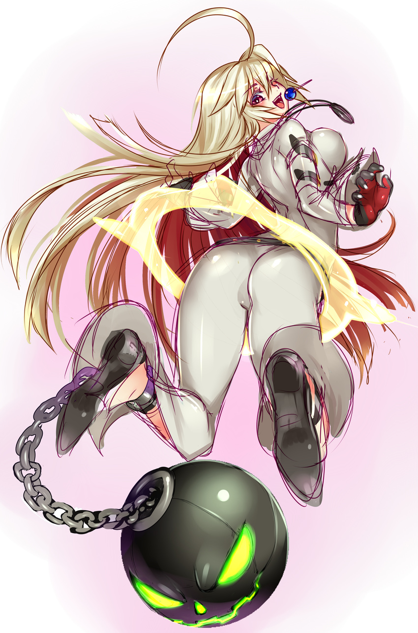 ;d absurdres ahoge ass ball_and_chain_restraint blonde_hair candy food gloves guilty_gear guilty_gear_xrd highres jack-o'_valentine lollipop long_hair looking_back one_eye_closed open_mouth red_eyes sasaki_shou smile solo