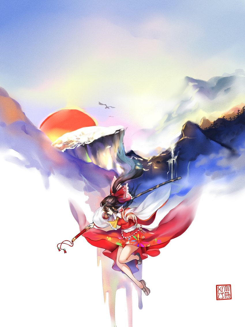 ascot bare_legs bird black_hair bow detached_sleeves embellished_costume from_side hair_bow hair_tubes hakurei_reimu highres kamisa katana loafers long_hair mountain outstretched_arm red_eyes sheath sheathed shoes sidelocks sky solo sun sword touhou very_long_hair weapon