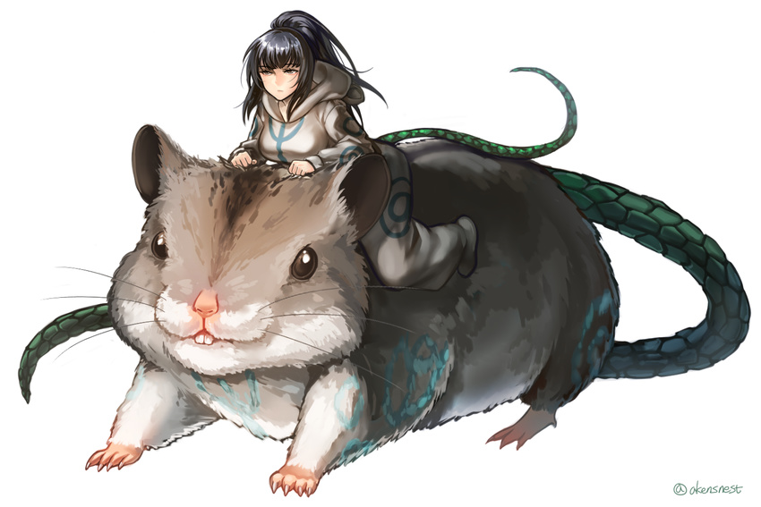 aken animal black_hair cosplay hamster hamsuke hamsuke_(cosplay) high_ponytail hood long_hair narberal_gamma overlord_(maruyama) oversized_animal ponytail riding tail twitter_username white_background