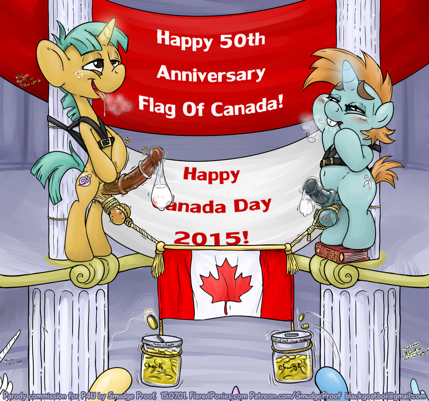 balls bdsm bondage bound canada canada_day cock_and_ball_torture coloumn condom cub erection exhibitionism flag friendship_is_magic harness my_little_pony penis public rope saliva smudge_proof snails_(mlp) snips_(mlp) young