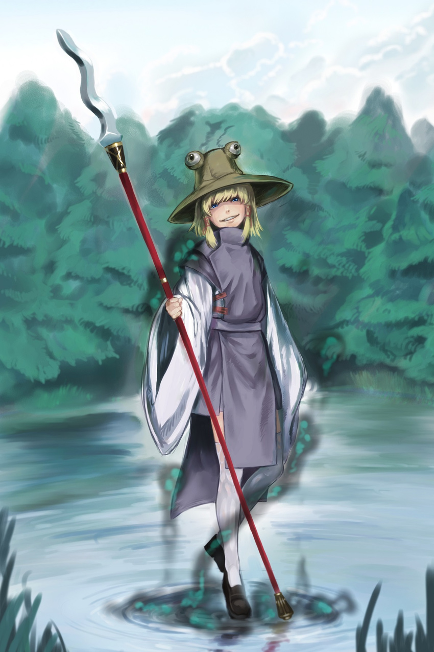 adapted_costume aura baten_(gei-vorugu) blonde_hair blue_eyes blue_sky blurry cloud day depth_of_field forest goddess grass grin hair_ribbon hat highres japanese_clothes lake long_sleeves looking_at_viewer looking_to_the_side moriya_suwako nature outdoors pine_tree polearm ribbon ripples shaded_face shoes short_hair sky smile solo spear standing standing_on_liquid teeth thighhighs touhou tree weapon white_legwear wide_sleeves