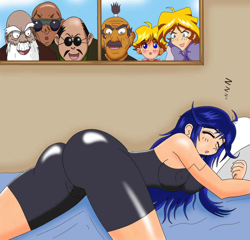 1girl 6+boys android antenna_hair areolae artist_request ass bare_shoulders bed blue_hair bodysuit breasts cameltoe cleavage erect_nipples eyebrows eyebrows_visible_through_hair eyes_closed large_breasts lime_(saber_j) long_hair multiple_boys open_mouth peeping_tom saber_marionette_j sleeping smile voyeurism