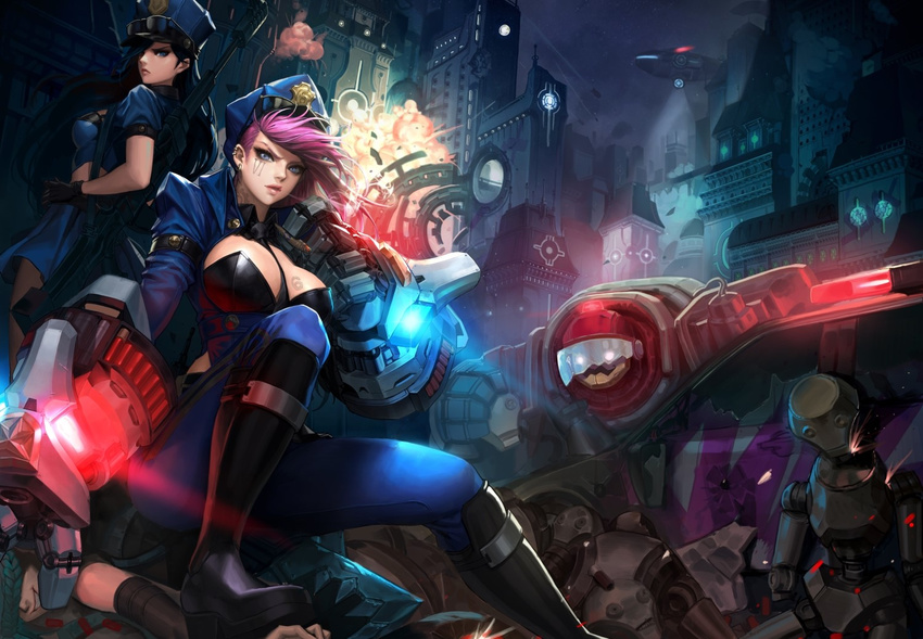 black_footwear blitzcrank blue_eyes boots breast_tattoo breasts caitlyn_(league_of_legends) cigar cleavage daeho_cha earrings elbow_gloves gauntlets gloves grin gun hat jewelry jinx_(league_of_legends) knee_boots large_breasts league_of_legends lips long_hair multiple_girls officer_caitlyn officer_vi pink_hair police police_hat police_uniform rifle robot sitting sitting_on_person smile smoking tattoo uniform vi_(league_of_legends) weapon