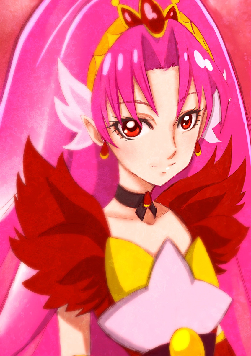 akagi_towa amawa_kazuhiro choker commentary_request cure_scarlet earrings go!_princess_precure highres jewelry pink_hair pointy_ears precure quad_tails solo