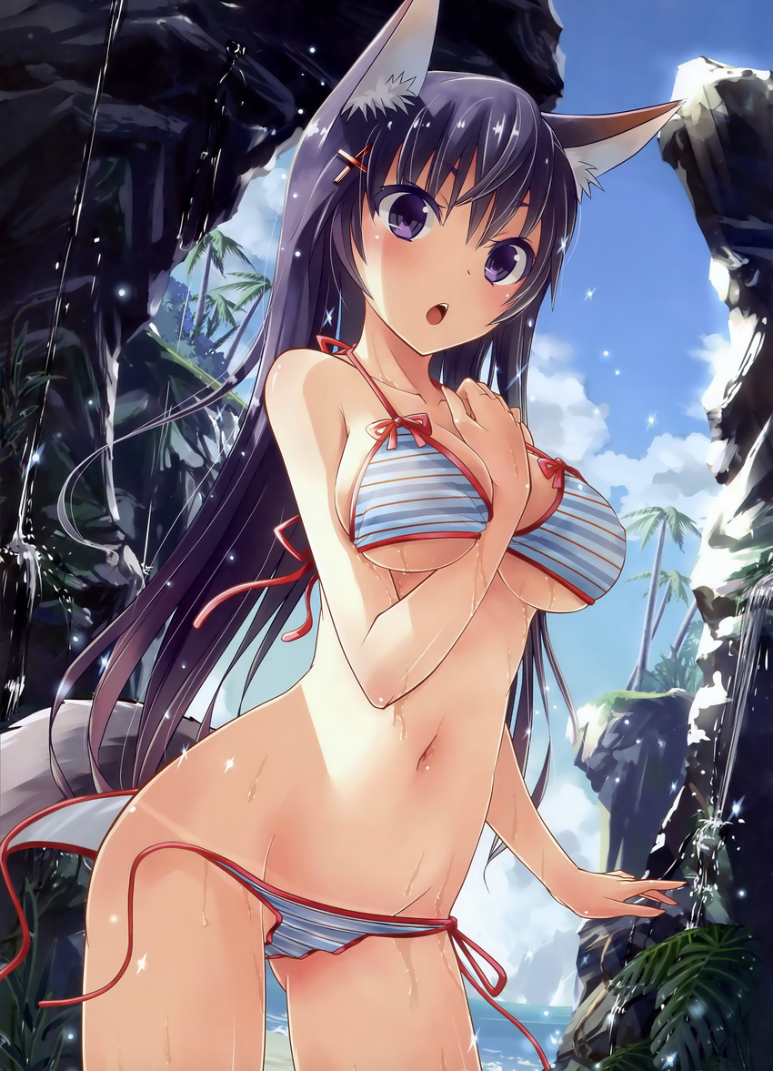 absurdres animal_ears bare_shoulders beach between_breasts bikini breasts cliff collarbone cowboy_shot day dengeki_moeou fox_ears fox_tail hair_ornament hairclip hand_on_own_chest highres kakuno large_breasts light_particles navel open_mouth outdoors palm_tree plant purple_eyes purple_hair scan side-tie_bikini solo strap_gap string_bikini striped striped_bikini swimsuit tail tan tanline third-party_edit tree untied wardrobe_malfunction water wet