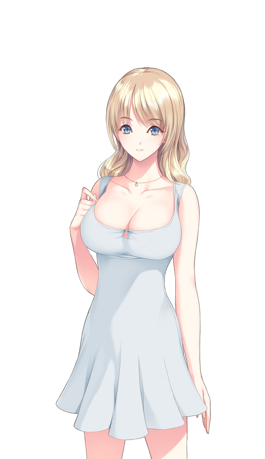 bangs blonde_hair blue_eyes breasts cleavage collarbone cowboy_shot highres ichikawa_saasha jewelry jounoin_kaho large_breasts long_hair looking_at_viewer necklace neyuki_no_gen'ei nightgown smile solo swept_bangs transparent_background