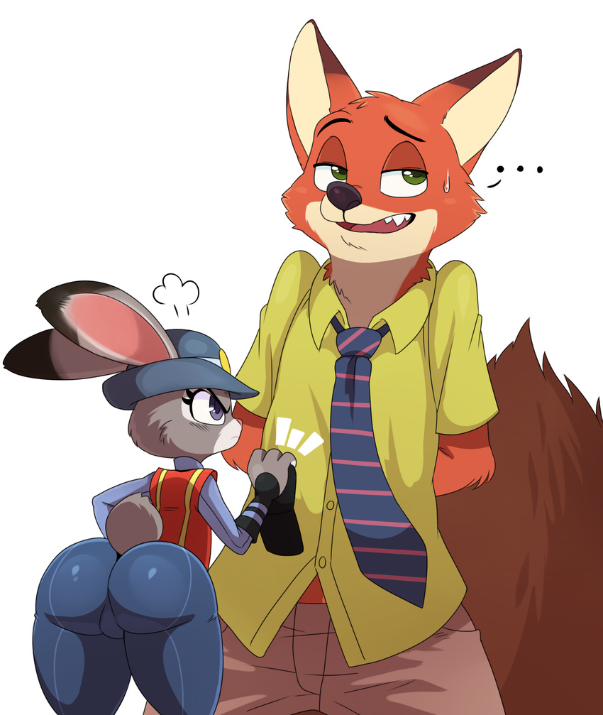 ... 2015 anthro big_butt butt canine character_from_animated_feature_film clothing disney duo female fox fur green_eyes hi_res judy_hopps lagomorph male mammal necktie nick_wilde pants plain_background purple_eyes rabbit shirt smile sssonic2 white_background zootopia