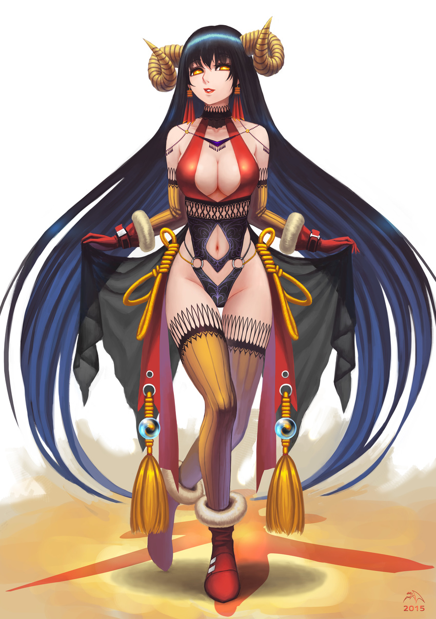 2015 absurdres black_hair breasts chinese_new_year cleavage curtsey darkmuleth elbow_gloves full_body gloves halterneck highres horns large_breasts lipstick long_hair looking_at_viewer makeup navel navel_cutout original parted_lips ribbed_gloves ribbed_legwear solo thighhighs very_long_hair yellow_eyes