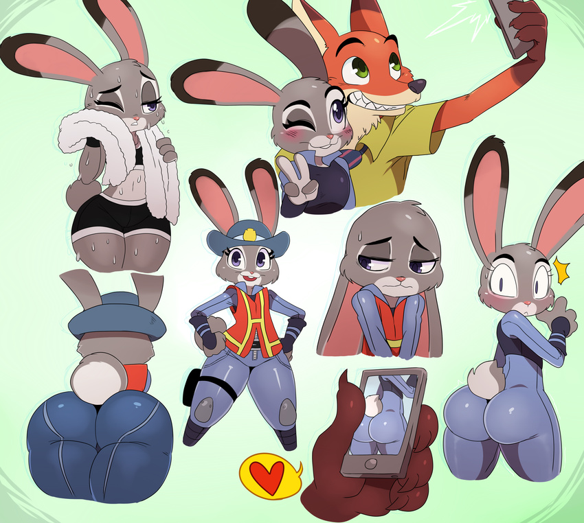 2015 anthro big_butt butt canine character_from_animated_feature_film clothing disney duo female fox fur green_eyes hi_res judy_hopps lagomorph male mammal necktie nick_wilde pants plain_background purple_eyes rabbit selfie shirt smile sssonic2 white_background zootopia