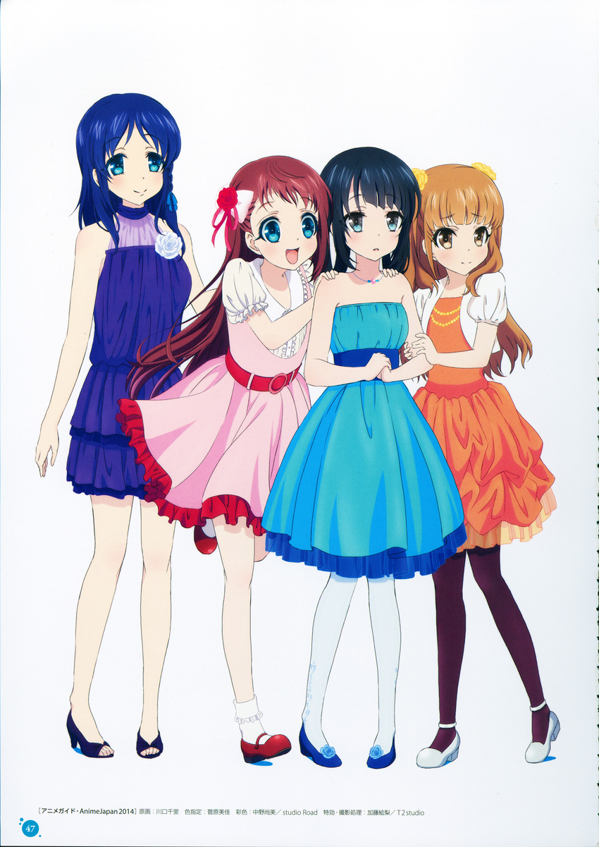 :d absurdres aqua_eyes arm_holding belt black_hair blue_eyes blue_hair blush bobby_socks braid brown_eyes brown_hair dress flower folded_hair formal girl_sandwich hair_flower hair_ornament hair_ribbon hair_rings hands_on_another's_shoulders highres hiradaira_chisaki hisanuma_sayu jewelry kawaguchi_chisato long_hair mary_janes mukaido_manaka multiple_girls nagi_no_asukara necklace official_art open_mouth pantyhose ribbon sandals sandwiched scan shiodome_miuna shoes smile socks two_side_up