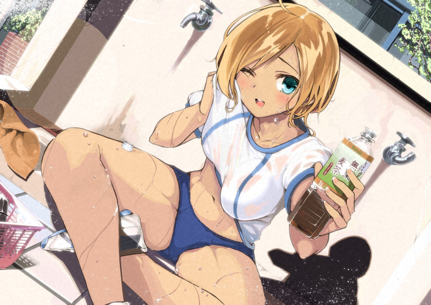 ;d blonde_hair blue_eyes bottle breasts buruma collarbone drink furukawa_itsuse medium_breasts midriff navel one_eye_closed open_mouth original short_hair sitting smile solo sweat wet wet_clothes wiping_face