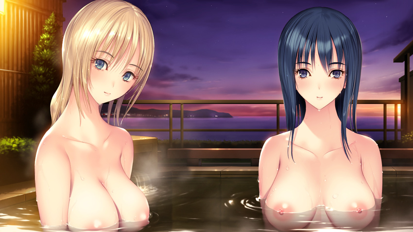 bathing blonde_hair blue_eyes blue_hair blush breasts fujiki_kikyou game_cg ichikawa_saasha jounoin_kaho large_breasts long_hair looking_at_viewer multiple_girls neyuki_no_gen'ei nipples onsen partially_submerged smile sunset water