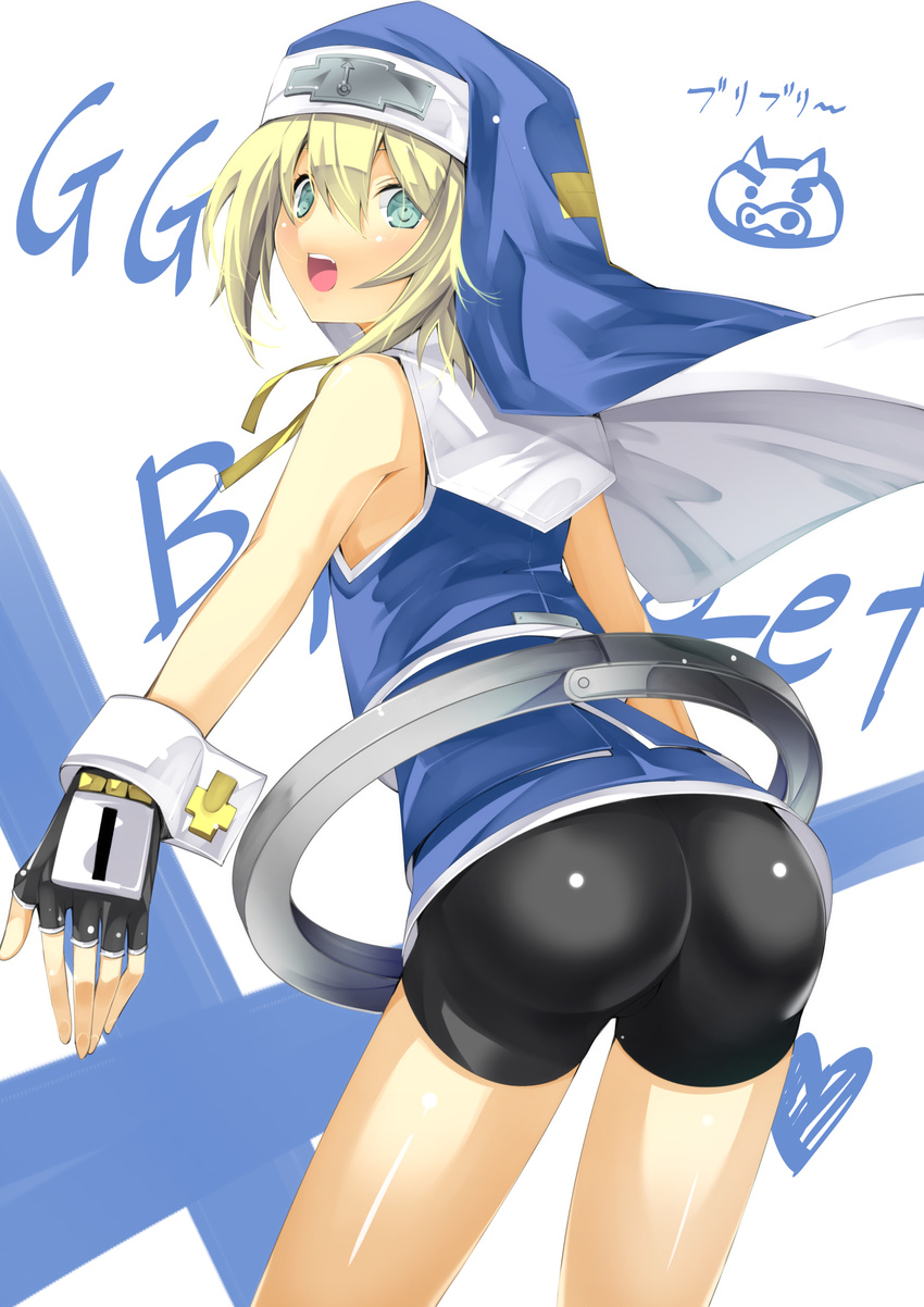 1boy arc_system_works ass bare_shoulders bike_shorts blonde_hair blue_eyes blush bridget_(guilty_gear) fang fingerless_gloves from_behind gloves guilty_gear habit jijii48 long_hair male_focus nun open_mouth shiny shiny_clothes shiny_skin simple_background solo standing striped_background trap