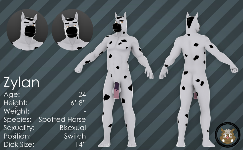 3d 5_fingers abs animal_genitalia balls biceps black_hair brown_eyes butt buzzcut equine flaccid hair horse humanoid_feet male mammal model_sheet muscles nipples nude pecs penis solo spots spotted_horse thick_eyebrows v--r zylan