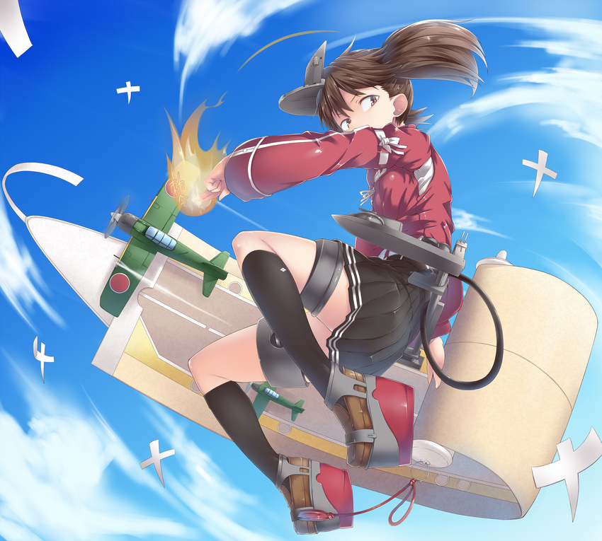 a6m_zero aircraft airplane blue_sky brown_eyes brown_hair cloud covered_mouth day flat_chest floating full_body highres japanese_clothes kantai_collection kariginu long_sleeves looking_to_the_side mecha_musume onmyouji outdoors ryuujou_(kantai_collection) scroll shikigami short_hair skirt sky solo spirytus_tarou twintails visor_cap