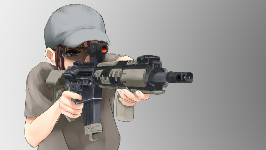 aiming aimpoint ar-15 assault_rifle bad_id bad_pixiv_id brown_hair foregrip genso goggles gun hat military_operator muzzle_brake original rifle scope simple_background solo weapon