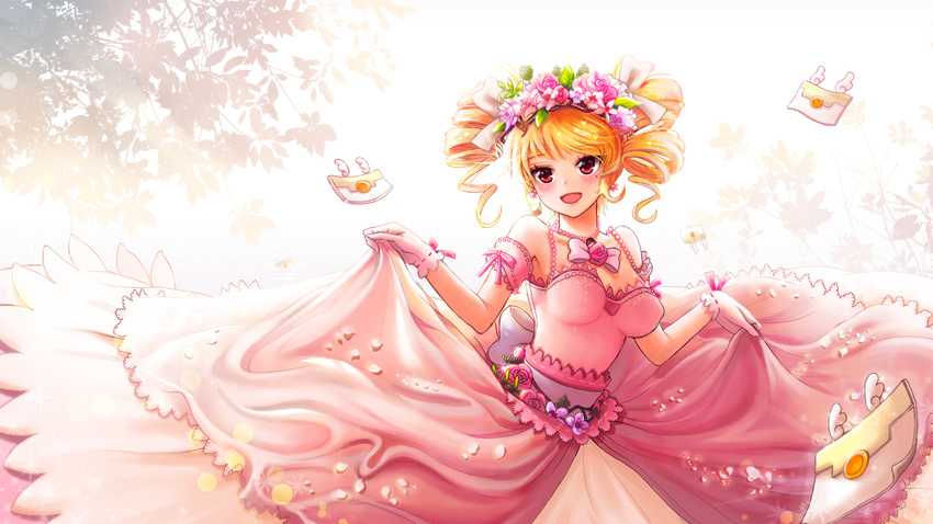 :d alternate_costume bad_id bad_pixiv_id blonde_hair blush breasts cheesecake_cookie cookie_run dress drill_hair earrings gloves highres jewelry medium_breasts necklace open_mouth pearl_necklace personification pink_dress red_eyes revision smile solo ssumbi twin_drills white_gloves