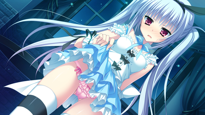 1girl blush censored choker dress game_cg headband hontani_kanae indoors karumaruka_circle long_hair masturbation natsume_koyomi night panties pink_panties purple_eyes pussy pussy_juice ribbon ribbons saga_planets skirt_lift sky solo thighhighs twintails underwear white_hair