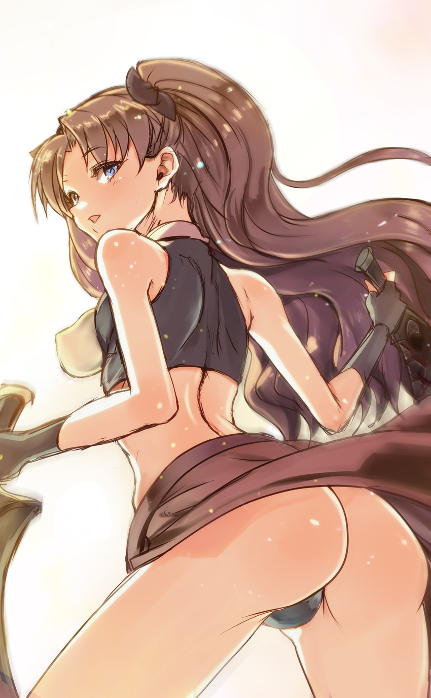 archer archer_(cosplay) ass black_hair blue_eyes cosplay dual_wielding fate/stay_night fate_(series) hamoto highres holding kanshou_&amp;_bakuya long_hair panties solo sword thong toosaka_rin two_side_up underwear weapon