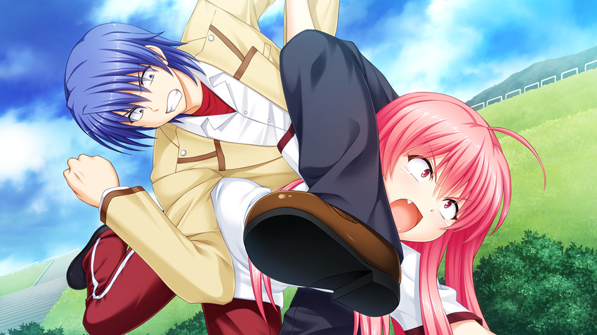 1girl abdominal_stretch ahoge angel_beats! blue_hair blue_sky clenched_teeth cloud day dutch_angle fang game_cg hinata_(angel_beats!) horizon long_hair na-ga octopus_hold open_mouth outdoors pink_hair shoes sky submission_hold tears teeth wrestling yui_(angel_beats!)