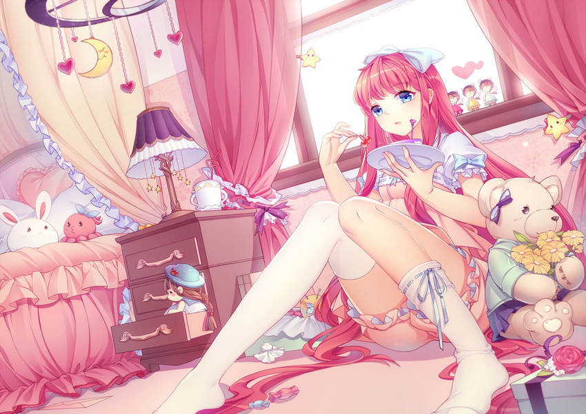 asymmetrical_legwear bed bed_sheet blue_eyes bouquet bow bunny cherry crescent cup curtains desk_lamp doll eating flower food frilled_shorts frills fruit gift hair_bow hair_ribbon highres holding indoors lamp long_hair original pillow pink_hair plate puffy_short_sleeves puffy_sleeves red_hair ribbon ribbon-trimmed_clothes ribbon-trimmed_legwear ribbon_trim room rose shirajira_(pixiv7181724) short_sleeves shorts single_thighhigh sitting solo star stuffed_animal stuffed_toy teddy_bear thighhighs very_long_hair white_legwear window windowsill
