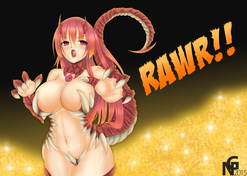 areola_slip areolae blush breasts curvy dragon_girl gradient gradient_background huge_breasts long_hair navel novagraph open_mouth pink_eyes pink_hair roar roaring solo wide_hips