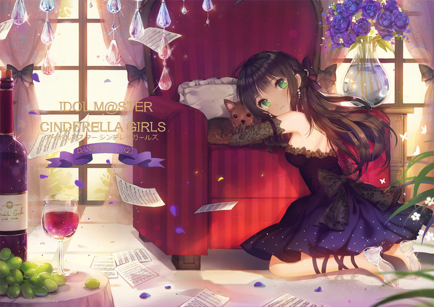 alcohol armchair artist_name bad_id bad_pixiv_id bangs bare_shoulders black_gloves blue_dress blush bottle bow breasts brown_hair chair commentary_request copyright_name crossed_arms cup curtains cushion dangmill dog dress drinking_glass earrings elbow_gloves fishnet_gloves fishnets flower food fruit glass_slipper gloves grapes green_eyes hanako_(idolmaster) idolmaster idolmaster_cinderella_girls indoors jewelry kneeling lace lace-trimmed_dress long_hair looking_at_viewer looking_to_the_side medium_breasts mx2j_(nsh6394) no_socks on_floor pearl pearl_earrings pendant petals purple_dress purple_flower purple_rose revision rose sheet_music shibuya_rin solo sparkle strapless strapless_dress striped tablecloth vase vertical_stripes window window_shade wine wine_bottle wine_glass yorkshire_terrier