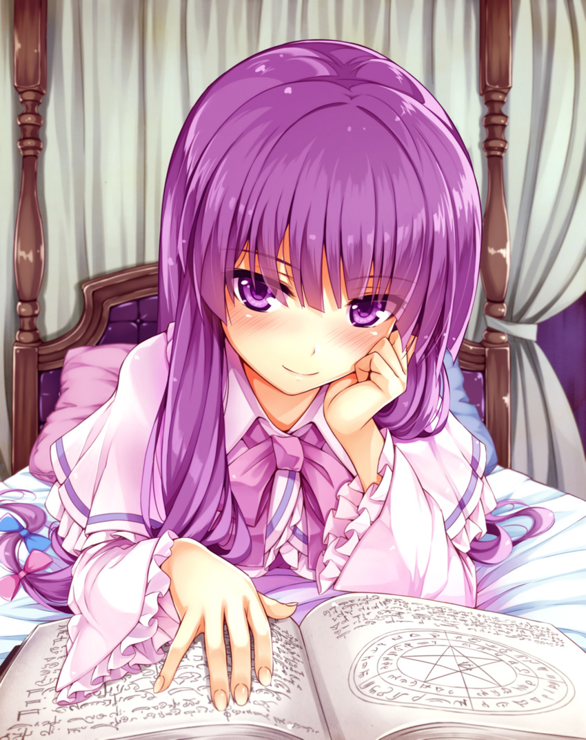 arm_support bed blush book canopy_bed capelet grimoire hair_ribbon highres kitou_kaitai long_hair long_sleeves looking_at_viewer lying magic_circle no_hat no_headwear on_bed on_stomach patchouli_knowledge pillow purple_eyes purple_hair ribbon smile solo touhou tress_ribbon very_long_hair wide_sleeves