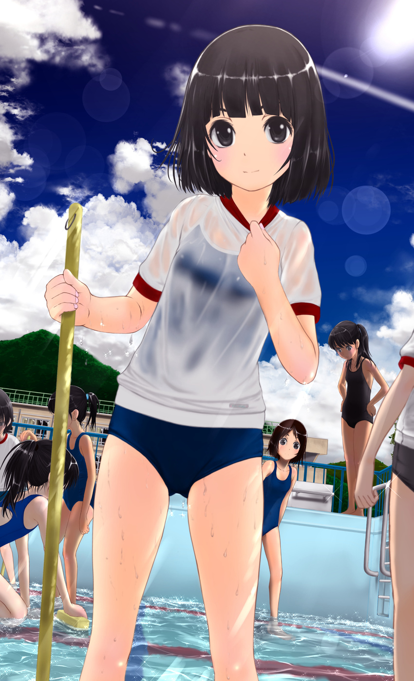 black_eyes black_hair brown_hair gym_uniform higashi_tarou highres long_hair md5_mismatch multiple_girls one-piece_swimsuit original school_swimsuit short_hair swimsuit wet wet_clothes