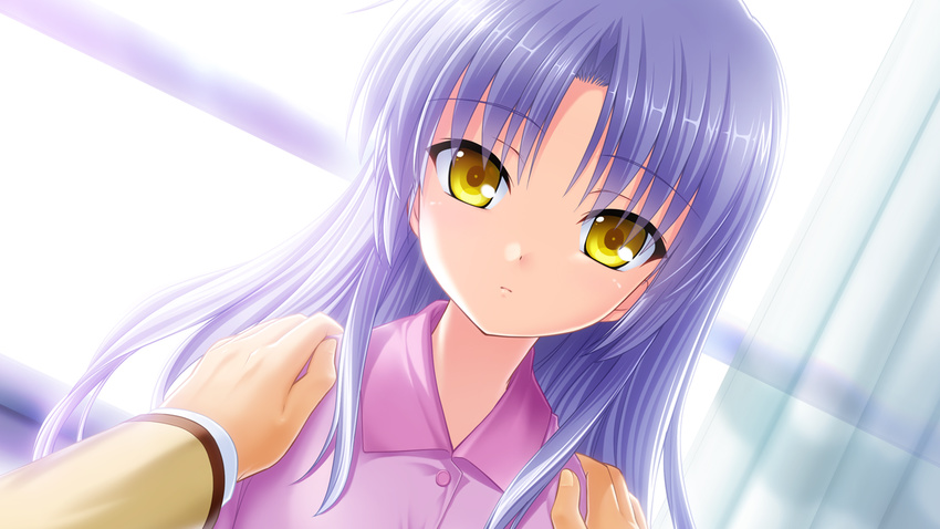 angel_beats! game_cg hands_on_another's_shoulders long_hair na-ga out_of_frame pajamas pov pov_hands silver_hair solo_focus tenshi_(angel_beats!) yellow_eyes