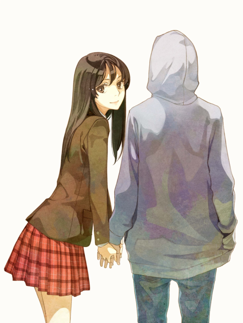 1girl blazer brown_eyes brown_hair couple cowboy_shot from_behind hand_in_pocket hetero hidari_(left_side) highres holding_hands hood hoodie jacket long_hair looking_at_viewer looking_back mii-kun misono_mayu plaid plaid_skirt pleated_skirt resized school_uniform simple_background skirt smile upscaled usotsuki_mii-kun_to_kowareta_maa-chan waifu2x white_background