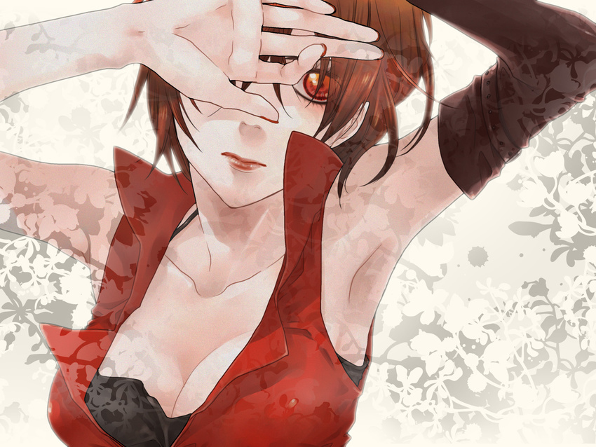 armpits bitte breasts brown_hair hands highres lips medium_breasts meiko nail_polish red red_eyes red_nails short_hair solo vocaloid wallpaper