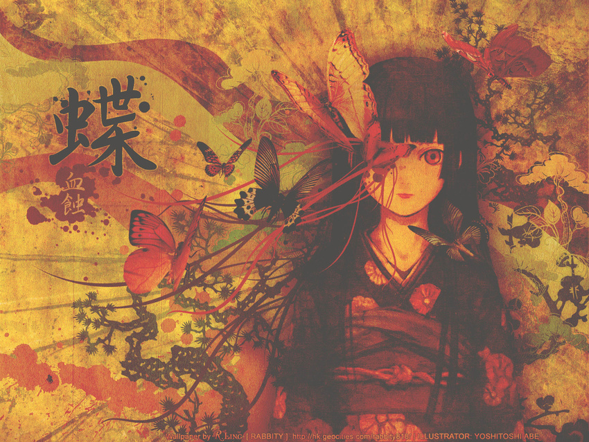 abe_yoshitoshi bangs black_hair blood blunt_bangs bow branch bug butterfly enma_ai flower hair_bow highres hime_cut insect japanese_clothes jigoku_shoujo kimono leaf lips lipstick long_hair makeup red_eyes sepia solo wallpaper watermark