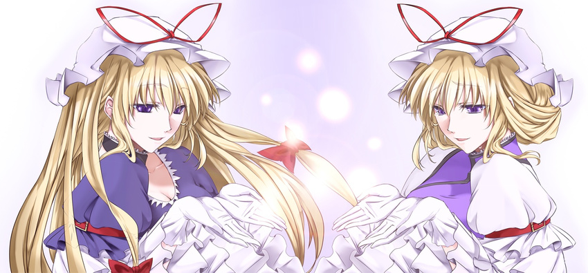 blonde_hair dual_persona gloves haruichi hat long_hair multiple_girls purple_eyes symmetry touhou white_gloves yakumo_yukari