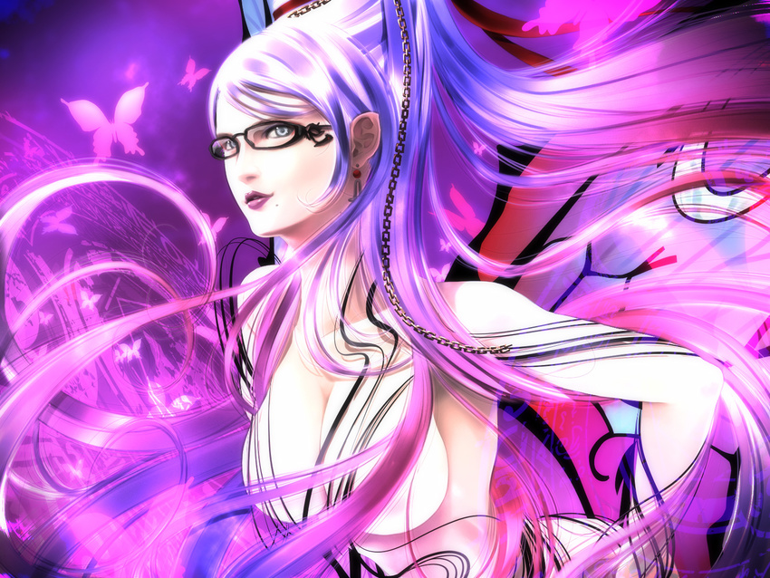 bad_id bad_pixiv_id bayonetta bayonetta_(character) blue_eyes bug butterfly chain earrings glasses highres insect jewelry long_hair mole mole_under_mouth purple_hair solo sumomo_kpa very_long_hair