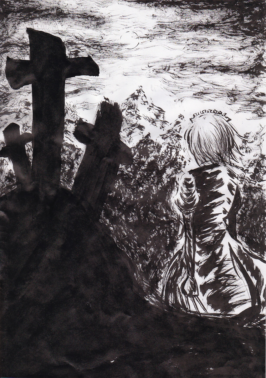 back bad_id bad_pixiv_id brush_(medium) cross grave greyscale highres izayoi_sakuya knife let monochrome moon solo touhou traditional_media